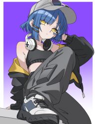  1girl absurdres bare_arms bare_shoulders baseball_cap birthday black_jacket black_pants blue_hair blunt_bangs bocchi_the_rock! camisole cargo_pants collarbone commentary english_commentary eyewear_on_head flat_chest from_below full_body ghuler gradient_background hair_ornament hairclip hand_on_own_head hat headphones headphones_around_neck highres jacket jacket_partially_removed light_frown looking_at_viewer midriff military_vehicle mole mole_under_eye motor_vehicle multicolored_jacket pants shoes simple_background solo sunglasses tank two-tone_jacket white_shoes yamada_ryo yellow_eyes 