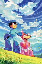  1boy absurdres black_hair blue_helmet clouds commentary day english_commentary flower grass helmet highres holding holding_unworn_helmet marker_(medium) mega_man_(character) mega_man_(series) non-humanoid_robot nuri_durr outdoors robot robot_animal robot_dog rush_(mega_man) scan traditional_media unworn_headwear unworn_helmet wind 