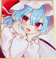  1girl :d bat_wings blue_hair commentary double-parted_bangs fang hair_between_eyes hands_on_own_cheeks hands_on_own_face hat highres long_sleeves looking_at_viewer mob_cap moni_monico open_mouth pink_hat pink_shirt red_eyes remilia_scarlet shikishi shirt short_hair skin_fang smile solo touhou traditional_media upper_body wings 