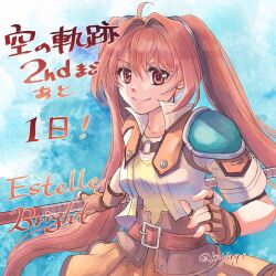  1girl antenna_hair armor artist_name brown_gloves brown_hair character_name commentary_request cropped_jacket double-parted_bangs eiyuu_densetsu estelle_bright fingerless_gloves gloves hair_intakes highres holding holding_staff koyagistock orange_skirt pauldrons red_eyes shoulder_armor simple_background single_pauldron skirt sora_no_kiseki sora_no_kiseki_sc staff twintails 