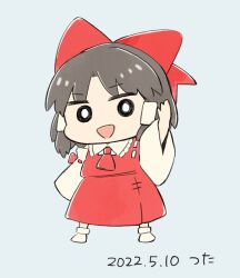  1girl :d artist_name ascot bow brown_hair chibi chibi_only commentary_request cyu_ta dated detached_sleeves embodiment_of_scarlet_devil frilled_hair_tubes frilled_shirt_collar frills full_body grey_background hair_bow hair_tubes hakurei_reimu highres long_hair open_mouth red_ascot red_bow red_shirt red_skirt shirt skirt smile solo touhou white_background 