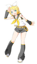  1girl aqua_eyes belt black_leg_warmers black_sailor_collar black_shorts black_sleeves blonde_hair bow breasts commentary_request detached_sleeves full_body hair_bow hair_ornament hairclip headphones headset highres kagamine_rin leg_warmers looking_at_viewer neckerchief number_tattoo open_mouth parallel_hairclips sailor_collar shirt shoes short_hair shorts simple_background sleeveless sleeveless_shirt small_breasts smile standing standing_on_one_leg tattoo toushirou_(sugarwhite1046) treble_clef vocaloid white_background white_bow white_shirt white_shoes yellow_belt yellow_nails yellow_neckerchief yellow_trim 