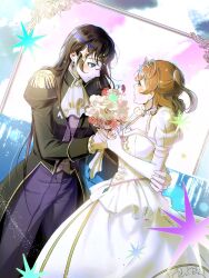  2girls aijo_karen arm_around_another's_waist ascot black_coat black_hair blue_eyes blue_gem blush bouquet breasts bridal_gauntlets brown_hair center_frills closed_mouth clouds coat commentary cowboy_shot day dress dutch_angle earrings epaulettes eye_contact flower frilled_dress frilled_sleeves frills gem hair_between_eyes hair_ornament hand_on_another's_arm hands_up highres holding holding_bouquet jewelry juliet_sleeves kagura_hikari light_particles light_smile long_dress long_hair long_sleeves looking_at_another medium_breasts multiple_girls official_alternate_costume one_side_up open_clothes open_coat outdoors pants pendant picture_frame profile puffy_short_sleeves puffy_sleeves purple_pants purple_shirt red_flower rose sanoon shirt short_hair short_sleeves shoujo_kageki_revue_starlight sparkle sparkle_earrings sparkle_hair_ornament standing tiara untranslatable_commentary very_long_hair water white_ascot white_bridal_gauntlets white_dress white_flower white_rose yuri 