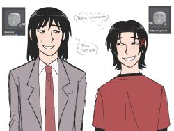  2boys black_eyes black_hair black_shirt blush borrego_tan breast_pocket choppy_bangs collared_shirt commentary_request curtained_hair eye_contact furrowed_brow grey_jacket grin hair_ornament jacket jaggy_lines lapels layered_shirt looking_at_another male_focus marco_(borrego_tan) mathias_freire medium_hair multiple_boys necktie nervous_smile nervous_sweating notched_lapels open_clothes open_jacket original parted_bangs pocket raised_eyebrows raised_inner_eyebrows red_necktie red_shirt reference_inset roblox shirt short_hair short_sleeves side-by-side sideways_glance simple_background small_sweatdrop smile spanish_commentary spanish_text speech_bubble straight-on suit_jacket sweat t-shirt thought_bubble translation_request upper_body white_background white_shirt x_hair_ornament 