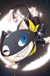  1other animal_hands black_tail blue_eyes full_body grin highres looking_to_the_side morgana_(persona_5) one_eye_closed persona persona_5 scarf simple_background smile solo spotlight wanderstillart white_background yellow_scarf 