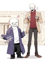  2023 2boys 2d alternate_costume black_pants black_shoes brothers brown_pants brown_shoes closed_eyes clothes_shop coat digital_media duo gloves height_difference humanoid long_sleeves male male_focus male_only miya31 monster monster_boy multiple_boys open_clothes open_coat pants papyrus_(undertale) purple_coat red_sweater sans_(undertale) shoes shop siblings simple_background skeleton sweater teeth undead undertale utdr_(toby_fox) white_background white_sweater 