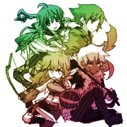  2girls 3boys belt bow_(weapon) chest_guard cloak closed_mouth commentary_request curse_maker curse_maker_4 dark-skinned_male dark_hunter_(sekaiju) dark_hunter_3 dark_skin full-leg_boots hair_between_eyes hat holding holding_bow_(weapon) holding_weapon holding_whip long_hair looking_at_viewer medic_(sekaiju) medic_2_(sekaiju) mercury9 multiple_boys multiple_girls navel open_mouth profile ranger_(sekaiju) ranger_1_(sekaiju) sailor_collar sekaiju_no_meikyuu sekaiju_no_meikyuu_1 shield short_hair shorts simple_background swordsman_(sekaiju) swordsman_2_(sekaiju) v-shaped_eyebrows weapon whip white_background 