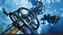  3d absurdres asteroid asteroid_field autodesk_3ds_max_(medium) blue_background blue_theme commentary english_commentary eve:_valkyrie eve_online glowing highres ice in_orbit neil_gowland official_art outdoors planet realistic rock scenery science_fiction space space_station spacecraft star_(sky) starry_sky_background thrusters unreal_engine_(medium) zbrush_(medium) 