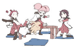  >_< 4girls :< akaza_akari arm_support arm_wrestling black_eyes black_hair black_socks blonde_hair blush_stickers bow brown_eyes chabudai clenched_hand closed_mouth commentary_request crack cushion dot_nose double_bun dress facing_away falling flinch floating_hair fluffy_hair from_behind from_side funami_yui hair_bobbles hair_bow hair_bun hair_ornament hand_up ikeda_keisuke kneehighs kneeling layered_sleeves leaning_back light_frown long_hair long_sleeves looking_at_another multiple_girls nanamori_school_uniform no_pupils no_shoes on_one_knee pink_hair pleated_dress red_bow sailor_collar school_uniform seiza serafuku short_hair short_over_long_sleeves short_sleeves simple_background sitting small_sweatdrop socks strong table toshinou_kyouko twintails v-shaped_eyebrows white_background yoshikawa_chinatsu yuruyuri zabuton 
