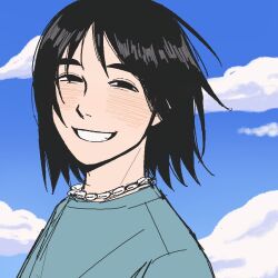  1boy black_eyes black_hair blue_shirt blue_sky blush borrego_tan choppy_bangs clouds commentary_request floating_hair from_side grin jaggy_lines jewelry looking_at_viewer male_focus mathias_freire medium_hair narrowed_eyes necklace original outdoors pale_skin portrait shell shell_necklace shirt sketch sky smile solo spanish_commentary thick_eyebrows wind 
