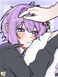  1girl 1other absurdres black_gloves black_jacket blush_stickers border closed_mouth commentary_request crossed_bangs diagonal-striped_background double-parted_bangs gloves hair_between_eyes hair_intakes hair_ornament hand_on_another's_head highres hinohari_(user_wzxk7585) jacket long_sleeves lying on_side outside_border partially_fingerless_gloves pillow purple_background purple_border purple_hair short_hair_with_long_locks solo_focus striped_background translation_request upper_body violet_eyes vocaloid voiceroid yuzuki_yukari 