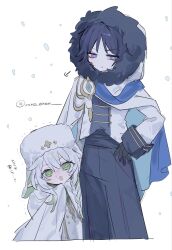  1boy 1girl arm_at_side black_gloves black_hair black_pants blue_cape blue_gem blue_scarf blunt_ends braid braid_over_shoulder cape choppy_bangs clothing_cutout coat cropped_legs cross-shaped_pupils dress eyeliner feathers fur-trimmed_hood fur_trim gem genshin_impact gloves gold_trim green_eyes green_hair green_hat green_pupils grey_pupils hakama hakama_pants hand_on_own_hip hat height_difference highres hip_vent hood hood_up hooded_cape japanese_clothes long_hair long_sleeves looking_at_viewer low-braided_long_hair low-tied_long_hair makeup multicolored_hair nahida_(genshin_impact) nahida_(nord_express)_(genshin_impact) official_alternate_costume official_alternate_hairstyle open_mouth outdoors pants parted_lips pointy_ears pom_pom_(clothes) puff_of_air red_eyeliner ringed_eyes scaramouche_(genshin_impact) scarf shirt side-by-side snowing streaked_hair symbol-shaped_pupils translation_request trembling tsurime twitter_username two-sided_cape two-sided_fabric two-sided_headwear ushanka violet_eyes wanderer_(genshin_impact) wanderer_(nord_express)_(genshin_impact) white_background white_cape white_coat white_dress white_hair white_hat white_hood white_shirt white_sleeves winter_clothes wispy_bangs xxxo_oxxx yellow_feathers 