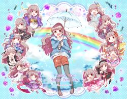  1girl :d :q absurdres animal_ears apron aqua_bow arm_up ascot bead_hairband beads black_bow black_dress black_gothic_dress_(idolmaster) black_hairband black_ribbon black_skirt black_thighhighs blue_bow blue_bowtie blue_choker blue_dress blue_jacket blunt_bangs bow bowtie brown_hair cat_ears cat_tail character_name chibi choker closed_eyes closed_mouth clouds commentary_request corset crown dated dress dress_bow ear_bow ear_ornament enmaided feather_hair_ornament feathers fingerless_gloves flower folding_fan frilled_apron frilled_dress frilled_hairband frills fuwasn1545 gloves grey_pantyhose grin hair_bow hair_flower hair_ornament hair_ribbon hairband hand_fan happy_birthday heart highres holding holding_fan holding_microphone holding_umbrella idolmaster idolmaster_cinderella_girls jacket japanese_clothes kamiya_nao kimono kimono_skirt layered_dress licking_lips long_hair long_sleeves maid maid_apron microphone mini_crown neck_ribbon obi official_alternate_costume open_mouth outstretched_arms pantyhose pantyhose_under_shorts parted_lips paw_pose pink_bow pink_dress pointing pointing_up polka_dot polka_dot_background print_kimono puffy_short_sleeves puffy_sleeves purple_ascot purple_dress purple_flower purple_kimono purple_ribbon rainbow red_bow red_eyes red_ribbon red_shorts ribbon sash short_sleeves shorts skirt sleeveless smile spread_arms star_(symbol) tail tail_ornament thigh-highs tongue tongue_out typo umbrella v-shaped_eyebrows very_long_hair waist_apron waist_bow white_apron white_bow white_dress white_flower white_hairband white_ribbon white_thighhighs wide_sleeves yellow_crown yellow_sash 