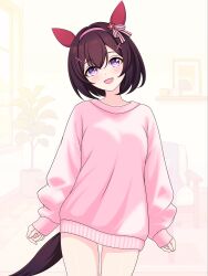  1girl :d aged_up alternate_costume animal_ears blunt_bangs blush bow breasts brown_hair carpet chair commentary cowboy_shot cup ear_bow ear_covers ear_ornament hair_ornament hairband highres horse_ears horse_girl horse_tail indoors long_sleeves looking_at_viewer medium_breasts nail_polish nishino_flower_(umamusume) open_mouth oversized_sweater photo_(object) picture_frame pink_hairband pink_sweater plant potted_plant short_hair sleeves_past_wrists smile solo sunlight sweater sweetbubble tail umamusume untranslatable_commentary violet_eyes wooden_floor x_hair_ornament 
