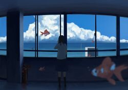  1girl absurdres against_glass blue_sky clouds commentary_request fire_extinguisher fish flying_fish from_behind goldfish hand_on_glass highres indoors looking_outside ocean okayuu original shirt skirt sky solo water window 