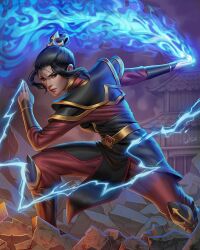  1girl architecture arm_guards avatar:_the_last_airbender avatar_legends azula back battle_damage belt black_hair blue_fire boots breasts commentary douglas_bicalho dynamic_pose east_asian_architecture electricity electrokinesis element_bending english_commentary eyelashes feet_out_of_frame fighting_stance fire hair_ornament hair_pulled_back hair_up highres knee_boots knee_pads lightning long_sleeves outdoors pants pyrokinesis red_pants red_shirt rubble shirt sidelocks small_breasts topknot twisted_torso yellow_eyes 