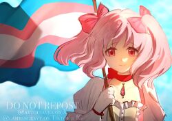  1girl bow bow_choker chest_jewel choker closed_mouth commentary dress english_commentary gem gloves hair_bow highres kaname_madoka kaname_madoka_(magical_girl) lgbt_pride looking_at_viewer magical_girl mahou_shoujo_madoka_magica maiv_(lambsngravy) medium_hair pink_bow pink_dress pink_eyes pink_gem pink_hair red_choker short_twintails smile solo transgender_flag twintails upper_body watermark white_gloves 