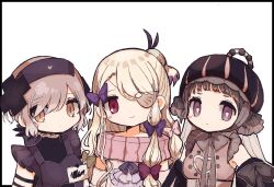  3girls black_bow blonde_hair blue_eyes blush bow butter_run butterfly_hair_ornament commentary_request detached_sleeves dress frilled_dress frills grey_hair hair_ornament hat headband highres long_hair magical_girl mahou_shoujo_ikusei_keikaku mahou_shoujo_ikusei_keikaku_double_shadow multicolored_hair multiple_girls nurse_cap one_eye_covered pfle red_eyes shadowgale short_hair violet_eyes x_hair_ornament yellow_eyes zipstep 