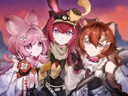  3girls ahoge animal_ear_fluff animal_ears arknights black_gloves black_shirt black_shorts black_skirt brown_hair chinese_commentary commentary_request cowboy_shot evening fingerless_gloves gloves grey_eyes hair_between_eyes hand_up headlamp highres long_hair looking_at_viewer material_growth multiple_girls one_ear_down orange_gloves oripathy_lesion_(arknights) pink_eyes pink_hair pink_shirt qi_tu_habitat rabbit_ears rabbit_girl raccoon_ears raccoon_girl ray_(arknights) shirt shorts skirt sky smile thumpy_(arknights) timeslot_(arknights) v violet_eyes visor_cap whistle whistle_around_neck yellow_gloves 