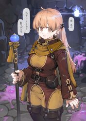  1girl arm_at_side belt belt_buckle belt_pouch black_belt black_boots blonde_hair blue_fire blush boots breasts brown_eyes brown_jacket buckle commentary_request cowboy_shot dungeon fantasy fire hair_belt highres holding holding_staff jacket jun_(navigavi) long_hair long_sleeves looking_at_viewer mage_staff medium_breasts noble_(navigavi) nose orange_scarf original pants parted_lips pink_liquid pouch scarf shirt slime_(substance) smile solo speech_bubble staff standing stone_floor sweatdrop teeth thigh_boots torn_clothes torn_jacket translation_request turtleneck turtleneck_shirt yellow_pants yellow_shirt 