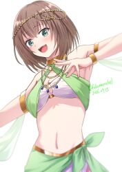  1girl alternate_costume arabian_clothes bang_dream! bang_dream!_girls_band_party! bracelet breasts brown_hair feet_out_of_frame fukumaru1021 green_eyes highres jewelry looking_at_viewer medium_breasts navel open_mouth short_hair simple_background solo standing upper_body white_background yamato_maya 