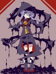  1girl bell blue_eyes braid chain cloak commentary_request cuffs curse_maker curse_maker_2 full_body hair_tie head_tilt highres hood hood_up hooded_cloak hourai_kochou leg_wrap medallion neck_bell parted_lips purple_cloak purple_hair purple_socks sekaiju_no_meikyuu sekaiju_no_meikyuu_1 socks solo standing twin_braids 