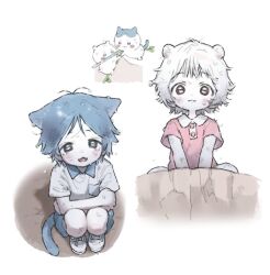  2girls :3 animal_ears antenna_hair blue_hair blue_shorts blush cat_ears cat_girl cat_tail chiikawa chiikawa_(character) child collared_dress collared_shirt colored_skin commentary_request dot_nose dress ears_down fangs full_body hachiware_(chiikawa) humanization jjojjo110110 korean_commentary looking_down multiple_girls open_mouth pink_dress pocket shirt shoes short_hair shorts squatting tail tareme teardrop tomboy wet wet_hair white_background white_hair white_shirt white_shoes white_skin 