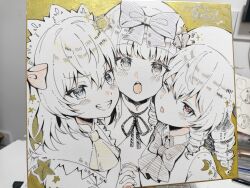  3girls absurdres ascot blush bow bowtie cheek-to-cheek chinese_commentary commentary_request dress drill_hair grin hair_between_eyes hair_bow hat headdress heads_together highres l0e9s29p long_hair looking_at_viewer luna_child medium_hair multiple_girls neck_ribbon one_eye_closed open_mouth photo_(medium) red_bow ribbon shikishi shirt smile star_sapphire sunny_milk touhou traditional_media yellow_ascot 