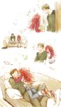  1girl akiko_(camphre) basket blush boots comic couch couple dandruff flaky flippy green_eyes green_hair grin happy_tree_friends heart height_difference highres long_hair messy_hair personification pillow red_eyes red_hair redhead short_hair sitting smile translated 
