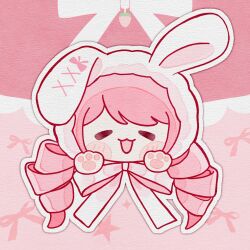  1girl =_= animal_ear_hood animal_ears blush_stickers bow bow_background bowtie chinese_commentary commentary_request drill_hair food fruit fur_hood hair_through_hood happy head_only highres hood long_hair low_twintails nikki_(nikki) nikki_(series) one_ear_down open_mouth outline pawpads pink_background pink_bow pink_bowtie pink_hair pink_theme rabbit_ears shanfengzhu smile solo straight-on strawberry swept_bangs twin_drills twintails white_hood white_outline 
