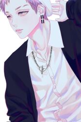  1boy buttons closed_mouth commentary_request dress_shirt earrings gusamo hat highres jewelry korean_commentary male_focus mitsuya_takashi necklace purple_hair shirt short_hair simple_background solo tokyo_revengers violet_eyes white_background white_hat 