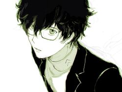  1boy amamiya_ren double-parted_bangs glasses greyscale hair_between_eyes highres jacket lapels looking_at_viewer male_focus monochrome notched_lapels parted_lips persona persona_5 sawaki_(2d1ty) school_uniform short_hair shuujin_academy_school_uniform simple_background solo suit_jacket turtleneck upper_body very_short_hair wavy_hair white_background 
