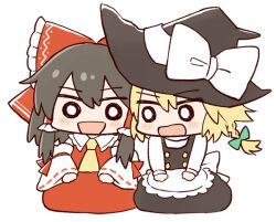  2girls :d apron ascot black_hat black_skirt black_vest blonde_hair blush bow braid brown_hair buttons chibi chibi_only commentary_request cyu_ta detached_sleeves frilled_hair_tubes frilled_shirt_collar frills green_bow hair_bow hair_tubes hakurei_reimu hat hat_bow kirisame_marisa long_hair long_sleeves multiple_girls open_mouth red_bow shirt single_braided_sidelock sitting skirt smile touhou vest white_apron white_background white_bow white_shirt witch_hat yellow_ascot 