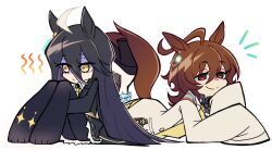 2girls absurdres agnes_tachyon_(tach-nology)_(umamusume) agnes_tachyon_(umamusume) ahoge animal_ears black_coat black_hair black_necktie black_pantyhose brown_hair calamity_brezze chemical_structure closed_mouth coat collared_shirt cork ear_tag earrings hair_between_eyes highres horse_ears horse_girl horse_tail jewelry lab_coat long_bangs long_hair long_hair_between_eyes long_sleeves lying manhattan_cafe_(creeping_shadow)_(umamusume) manhattan_cafe_(umamusume) multicolored_hair multiple_girls necktie on_stomach pantyhose red_eyes shaded_face shirt short_necktie single_earring sitting skirt sleeves_past_fingers sleeves_past_wrists smile sweater sweater_vest tail test_tube umamusume white_hair wolf_cut yellow_eyes yellow_necktie yellow_sweater yellow_sweater_vest 