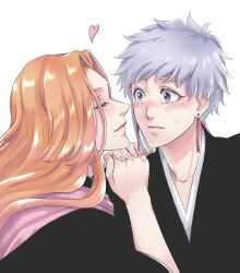  2girls anno_im bleach blush closed_eyes commentary_request earrings greyscale hands_on_another's_shoulders heart jewelry kotetsu_isane light_smile lips long_hair matsumoto_rangiku mole mole_under_mouth monochrome multiple_girls orange_hair pink_scarf scarf short_hair_with_long_locks sweatdrop violet_eyes yuri 