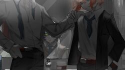  1other 2boys bathroom belt black_hair black_jacket blue_eyes blue_necktie bullying calasile clothes_grab collared_shirt commentary degrees_of_lewdity double-parted_bangs faucet grabbing_another's_shirt green_eyes hand_on_own_hip head_out_of_frame highres holding holding_another's_wrist holding_knife indoors jacket knife kylar_(degrees_of_lewdity) kylar_(male)_(degrees_of_lewdity) long_sleeves multiple_boys necktie open_clothes open_jacket player_character_(degrees_of_lewdity) red_belt red_hair reflection serious shirt short_hair sweatdrop sweater_vest undone_necktie white_shirt yellow_sweater_vest 