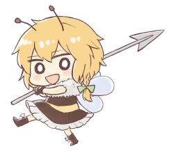  1girl :d alternate_costume antennae bee_costume black_boots black_dress blonde_hair blush boots bow braid chibi chibi_only commentary_request cyu_ta dress green_bow hair_bow holding holding_polearm holding_weapon insect_wings kirisame_marisa long_hair open_mouth polearm single_braided_sidelock smile solo spear striped_clothes striped_dress touhou weapon white_background wings 
