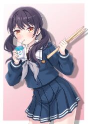  1girl a5hio absurdres bang_dream! bang_dream!_girls_band_party! blue_jacket blue_skirt blush brown_eyes feet_out_of_frame futaba_tsukushi highres holding jacket long_hair looking_at_viewer purple_hair sailor_collar school_uniform skirt solo standing tsukinomori_school_uniform twintails 