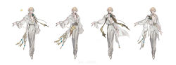 1boy absurdres aventurine_(honkai:_star_rail) belt blonde_hair blue_eyes closed_mouth commentary_request earrings full_body grey_pants highres honkai:_star_rail honkai_(series) incredibly_absurdres jewelry light_smile long_sleeves looking_at_viewer male_focus multiple_views necklace outstretched_arm pants reference_sheet renjian_shilian shirt shoes short_hair simple_background single_earring white_background white_shirt white_shoes 