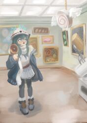  1girl art_gallery black_coat blue_archive blue_halo boots cake coat commentary_request fine_art_parody food fork full_body green_eyes green_hair grey_boots halo hard_hat helmet highres holding holding_megaphone indoors jacket korean_commentary long_hair megaphone miniskirt minori_(blue_archive) mmm5162 open_clothes open_coat open_mouth pantyhose parody pleated_skirt scarf skirt solo standing swiss_roll white_helmet white_jacket white_scarf white_skirt 
