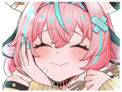  animal_ears aqua_streaks bandage_on_cheek bandage_on_face bandages black_horns blush border close-up closed_eyes closed_mouth cow_ears cow_girl cross_hair_ornament detached_sleeves earrings eating food food_on_face fork fur_collar genshin_impact hair_ornament hand_on_own_face happy_birthday heart highres holding holding_fork horns jewelry long_sleeves multicolored_hair multicolored_horns multiple_rings ow_176 pink_hair ring simple_background single_earring streaked_hair tattoo triangle two-tone_hair two-tone_horns varesa_(genshin_impact) white_background white_border white_horns yellow_sleeves 