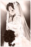  blush bouquet bridal_veil dress flower kyougoku_shin lace minna-dietlinde_wilcke monochrome photo_(object) rose seiyuu_connection sleeveless solo strike_witches tanaka_rie veil wedding_dress white_dress 
