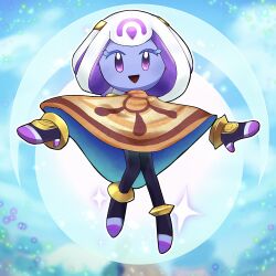  1girl blue_skin colored_skin commentary_request full_body highres kirby_(series) kirby_and_the_world_beyond looking_at_viewer multicolored_hair mysterious_girl_(kirby_and_the_world_beyond) open_mouth otsusanso_30 purple_hair rayman_limbs smile solo sparkle two-tone_hair white_hair 
