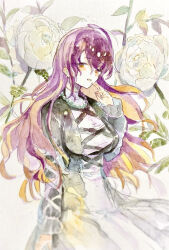  1girl absurdres black_dress blonde_hair commentary_request cross-laced_clothes cross-laced_dress dress flower flower_request gradient_hair highres hijiri_byakuren layered_dress long_hair long_sleeves looking_at_viewer multicolored_hair navybluesparrow open_mouth painting_(medium) purple_hair smile solo touhou traditional_media very_long_hair watercolor_(medium) white_dress white_flower yellow_eyes 