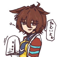  0840gannbru agnes_tachyon_(umamusume) ahoge animal_ears brown_eyes brown_hair commentary_request hair_intakes highres horse_ears horse_girl horse_tail lab_coat looking_at_viewer necktie open_mouth partial_commentary red_eyes short_necktie simple_background sleepy sleeves_past_fingers sleeves_past_wrists sweater sweater_vest tail umamusume white_background wolf_cut yellow_sweater yellow_sweater_vest 