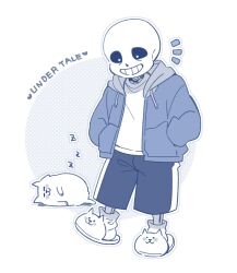  1boy 2023 2d animal animal_slippers annoying_dog black_shorts blue_background blue_jacket copyright_name digital_media dog drawstring duo english_text grey_hood halftone halftone_background hands_in_pockets hollow_eyes hood hood_down hooded_jacket humanoid jacket long_sleeves male male_focus male_only miya31 monster monster_boy open_clothes open_jacket pink_slippers sans_(undertale) shirt shorts simple_background single_vertical_stripe skeleton sleeping sleeping_animal slippers socks striped_clothes striped_shorts teeth text two-tone_background undead undertale utdr_(toby_fox) vertical-striped_clothes vertical-striped_shorts white_background white_dog white_shirt white_socks white_stripes 