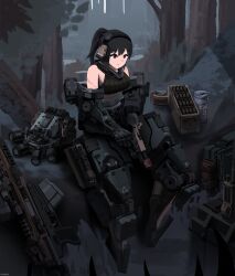  1girl absurdres anti-materiel_rifle armored_collar backpack bag black_hair cocking_gun combat_helmet cqcnorthfish cyborg fog forest glock gun handgun headphones helmet highres holster mecha_musume mechanical_arms mechanical_legs midriff nature night_vision_device no_feet on_log original ponytail radio radio_antenna red_dot_sight red_eyes rifle scar scar_on_arm sitting sleeveless sniper_rifle solo tactical_clothes unworn_backpack unworn_bag weapon 