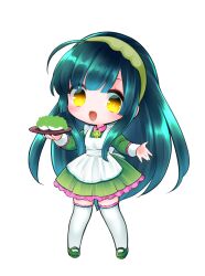  1girl :d \||/ absurdres apron chibi chibi_only dress edomura_niniko frilled_dress frills full_body green_dress green_hair green_hairband green_shoes hairband highres holding holding_tray long_hair long_sleeves looking_at_viewer neck_ribbon official_art open_mouth ribbon second-party_source shoes short_dress simple_background smile solo standing thigh-highs touhoku_zunko transparent_background tray very_long_hair voiceroid white_apron white_thighhighs yellow_eyes zettai_ryouiki zunda_mochi 