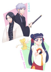  3girls anno_im black_hair black_kimono bleach blunt_bangs braid cardcaptor_sakura chinese_clothes commentary_request copyright_name crossed_arms double_bun frown grey_hair hair_bun hair_ribbon haori highres japanese_clothes kero_(cardcaptor_sakura) kimono kotetsu_isane li_meiling multiple_girls orange_eyes ribbon sheath short_hair_with_long_locks single_braid sword taichou_haori twintails unohana_retsu unsheathing v-shaped_eyebrows weapon white_haori wide_sleeves zanpakutou 