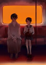  1boy 1girl absurdres bag black_hair chinese_commentary closed_mouth commentary_request expressionless fuura_kafuka glasses hair_ornament hairclip highres itoshiki_nozomu long_sleeves neckerchief orange_sky pleated_skirt red_eyes red_neckerchief sailor_collar sandals sayonara_zetsubou_sensei school_bag school_uniform shirt_under_kimono shosei sitting skirt sky socks train_interior white_socks window yeluo_black 